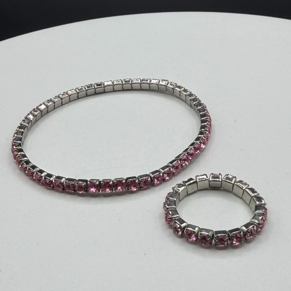 Pink Rhinestone Stretch Bracelet Ring Set Silver Tone Coquette Y2K Sparkle Gift